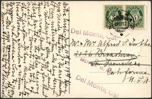 To 5 øre posthorn på postkort, stemplet "Nordkap 18.6.12" og sendt til USA. Ved siden to linjestempler "Del Monte, Cal." samt et mindre "Moved H.90".