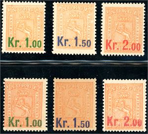 85 I/87 II. Krone Provisoriene, med begge overtrykksfargene i komplette serier. 1 1/2 kronen i den siste serien er noe gul i papiret og har et par litt halve tagger oppe. (23.600,-).