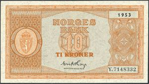 10 kroner 1953, serie Y.7148332. 0