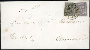 11,13. 1 skill 1 og 3 skill 3 på brevomslag til Arendal, stemplet "Lillesand 31.3.1870".