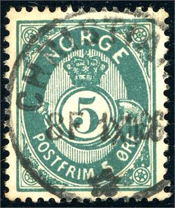42 Ib Y. 5 øre 21 mm med stående vannmerke type 2, stemplet "Christiania 1.12.86". Signert Aune.