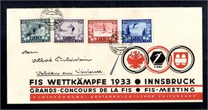 ÖSTERRIKE  1933, ”FIS”, komplett serie med 4 valörer på ett specialkuvert från ”FIS-WETTKÄMPFE”, makulerade