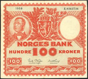 100 kroner 1958, serie Z.0363736. Erstatningsseddel. Et ørlite hakk nede ved midtbrett. 1-