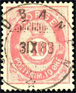 36. 10 øre skravert Posthorn 1879, rettvendt stemplet "Sydbanen 31.10.83".