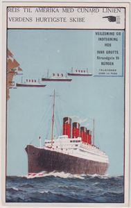 skip Cunard Linien   "Reis til Amerika med Cunard Linien"  Kolorert kort UB