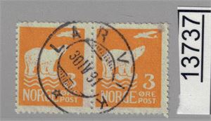 Nk 131 o. Par polmerker 3øre stemplet "LARVIK 30 IV 31". GI BUD!