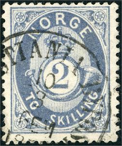 17 aX. 2 skilling Posthorn i gråblå nyanse med stående vannmerke, stemplet med enrings "Christiania Bypost 10.3.1878".