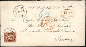 21. 7 skilling Posthorn på konvolutt til London, stemplet "Arendal 16.10.1873". Ved siden stemplet "PD" og "Ship-Letter London". Et rundt- og et firkantet stempel fra London på baksiden.