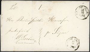Brevomslag, sendt portofritt, stemplet med det uvanlige "Nordre Undal" der datoen "25/10" er skrevet med hånd og ved siden stemplet "Søndre Undal 26.10.1862".