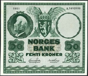 50 kr 1951, serie A.5482030. Flott seddel, med kun en midtbrett. 0/01