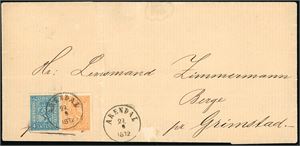 12,14. 6 skillings innenlandsporto. 2 skill 2 og 4 skill 4 på dobbeltvektig brevomslag, stemplet "Arendal 22.9.1872".