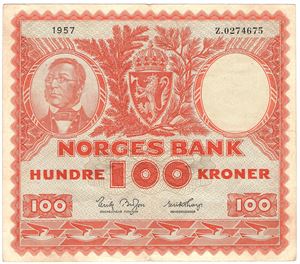 100 kroner 1957 Z.0274675. Erstatningsseddel. R-seddel. Kv.1/1+