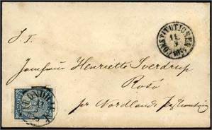 1. 4 skilling våpen 1855 på konvolutt, stemplet "Trondhjem 13.5.1855" og sendt til Rødø pr Nordlands postkontoir. Ved siden transittstempel fra skipet "Constitutionen 14.5.1855". Merket med gode marger.
