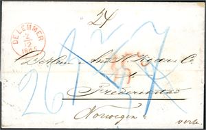 Komplett ufrankert brev, stemplet "De Lemmer 2.12.1865" i røsdt og sendt til Frederikstad. Baksiden med en rekke stempler.
