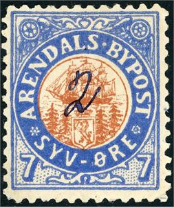 9. Arendal Bypost. 2 øre på 7 øre. Håndskrevet Provisorie "2". Eneste kjente eksemplar av denne variant. Ex. Phil.