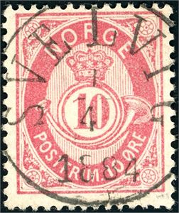 43 a. 10 øre 21 mm, rettvendt fullstemplet "Svalvik 1.4.1884".