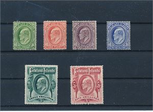 FALKLAND ISLANDS x/o ex SG 43-50, 1907-12 6 verdier, 1/2d med lite hjørnestempel, 5sh med ujevn tagging nede