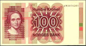 100 kroner 1977, serie AM 0076201. 0