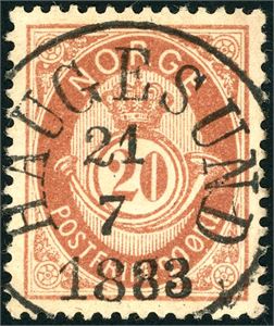 39. 20 øre brun, rettvendt fullstemplet "Haugesund 21.7.1883".
