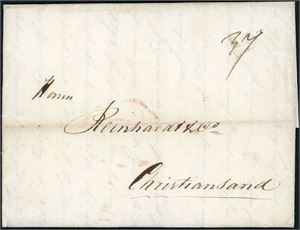 Komplett trippelvektig brev fra Kjøbenhavn til Christiansand i July 1827. Satt i porto med 78 skilling (sjøporto 48 sk + porto 30 sk i Norge).