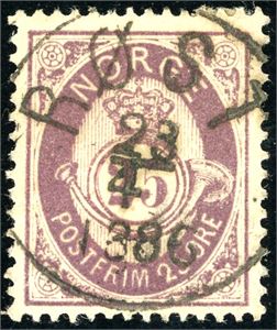 47. 25 øre 21 mm, rett vendt fullstemplet "Røst 23.4.1886".