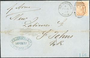 Z 10/95. DWI. A complete letter, franked with a 4d orange (pl 15), cancelled "St Thomas Paid A Fe 16 77" and sent to St. Johns, Virgin Islands. A horizontal crease do no touch the stamps. to Colon, Panama. A part of the envelopes "klaff" on reverse are missing.