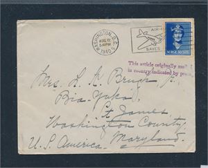 Nk 228, 30øre Maud på brev til USA stemplet i Washington. Fiolett gummistempel "This article originally mail in country indicated by postage". Firmalogo bak: "Dalheim", Olden, Nordfjord, Norway