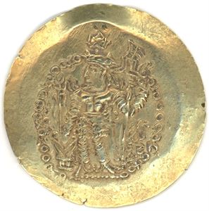 Dianar Indo-Sasanian Kingdom, Varhran Kushanshan II-Proz III, 275 ac. Dinar in gold. Approx. 8 gr. Advers with nice picture, adverse with some worn stamp.