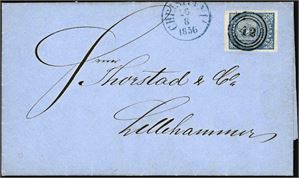 1. 4 skilling våpen 1855 på komplett brev, pent stemplet "42" og ved siden "Christiania 26.8.1856". Merket med to gode- og to normale marger.