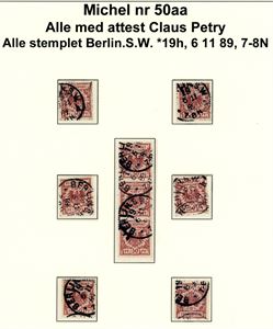 50aa,94 AII. 50 pfg Adler "Braunlichkarmin": 6 singles and one strip of three. All with photocerts. Petry. (€ 19.000). Also 18 pieces Mi 94 II, all signed.