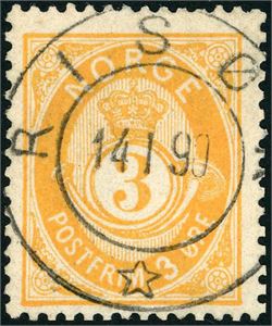 51 III. 3 øre 20 mm, pent stemplet "Risør 14.1.90".