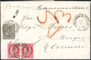 11,18. 7 skillings innenlandsporto. 1 skill 1 og to 3 skilling Posthorn på komplett brev, stemplet "Frederikstad 26.12.1872" og rekommandert til Elverum. Transittstemplet "Christiania 27.12.1872" på baksiden.