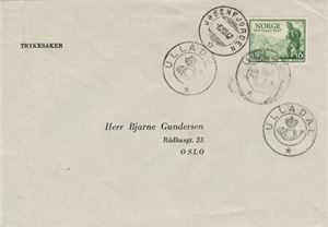 Kronet Posthorn ULLADAL (RO / 5) Ok avtrykk på trykksakbrev frankert med NK 360, sidest. Jøsenfjorden SL -6.XII.47