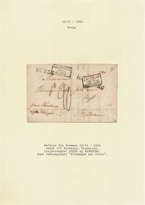 Prefil Helbrev fra Drammen 22/11 1824 sendt til Bordeaux, Frankrike.  Linjestemplet SUEDE og HAMBOURG samt rektangulært "ALLEMAGNE PAR GIVET" og påført "20" decimer (franske portotall) med blå fettstift (ubetalt porto for strekningen fra Hamburg til Bordeaux.