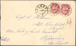 38. 20 øres porto til Finland. To 10 øre Posthorn 1883 på konvolutt til Bjørneborg, stemplet "Arendal 1.8.84". Ved siden et lite finsk stempel. Baksiden med bl.a. "Stockholm" og "Åbo". Konvolutten er ørlite klippet i venstre side.