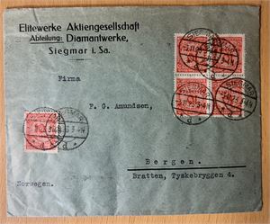 REICH Brev stemplet "SIEGMAR 3-11-23" til Norge. Porto 40x 10 millioner mark. Merkene bak korkstemplet og  ankomststempel "BERGEN TUR"