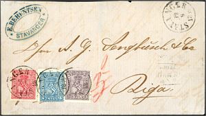 13,14,15. 15 skillings porto til Russland. 3 skill 3, 4 skill 4 og 8 skill 8 på brevomslag, stemplet "Stavanger 12.8.1868" og sendt til Riga. Et svakt russisk stempel ved siden. Baksiden med "Hmrfst E. Hmbrg 14.8.1868", "Hamburg" og ankomststempel. Brevets øvre klaff mangler.