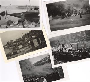 Krigen Lot med 5 små foto (påf. Bak:  Narvik og Narvik 2/6)  Viser brann / skipsvrak mm