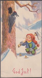 Damslett.  Lite format uten postkortbakside, brukt til julehilsen 1943.  "Gutt m/Nisselue Øks og juletrefot ser på fugl"