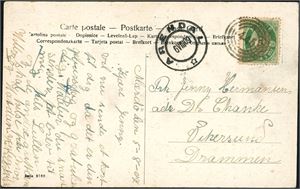 76. 5 øre Posthorn på postkort, annullert med 4-rings "445" (Merdø, Tromø, AA) og eved siden stemplet "Arendal 6.8.09".