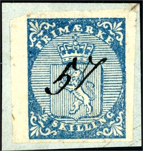 1. 4 skilling Våpen 1855 på lite brevklipp, annullert med håndskrevet nummer "57" (Elverum). Tre gode marger (nabomerket sees så vidt på venstre side), litt smal nede. Attest FCM.