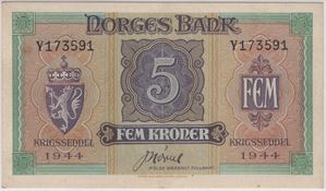 5 kroner 1944 Y.173591 London utg. Kv.01