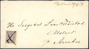 13. 3 skill 3 på konvolutt, anert med blekkryss, og ved siden skrevet "Bjalland 20/8 72". Transittstemplet "Mandal på baksiden.