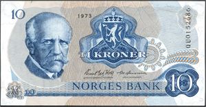 24 stk 10 kroner fra 1973, alle fra serier som starter med Q og med ulike bokstav nr 2 (A-F, J-L, N-P, R-Y,Å). Erstatningssedler. VK