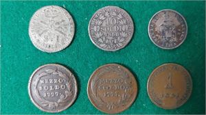 Lot äldre mynt bestående av en 1 Batzen från Bern, Schweiz (1769) samt fem mynt från italienska stater,