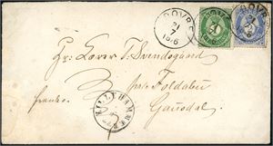 16,17 c. 3 skillings innenlandsporto. 1 skilling- og 2 skilling Posthorn på konvolutt, pent stemplet "Dovre 31.7.1876". Ved siden transittstemplet "Lillehammer". Noen mindre skjolder.