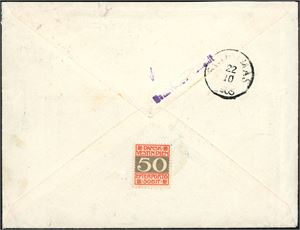 A 5 øre stationary envelope upfranked with three stamps (together 15 øre) and sent to St. Croix. "Utilstrækelig frankert" mark at side. One 50 BIT Postage Du stamps at reverse, with "St. Thomas 20.10.1905" postmark at side. The addressee´s name has been removed.