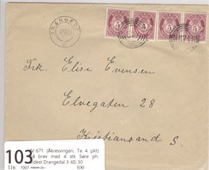 IV-671 (Åkresvingen, Te 4 pkt) på brev med 4 stk 5øre ph.  Sidest Drangedal 3-XII-30