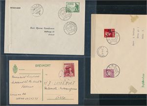 Brevkort stemplet kph "AUKLAND" (Grad 6), brev stemplet kph "HORTEMO" (Grad 5) og brev stemplet kph "LAUSLANDSMOEN" sidestemplet "FINSLAND 3 XII 47" (Grad 5)