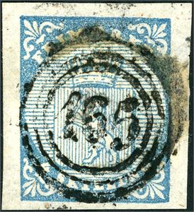 1. 4 skilling våpen 1855, anert med nummerstempel "165" (Kvindherred, HO, 5 pkt). Tre gode marger, normal nede.